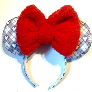 Minnie Ears Argyle Print with Red Hearts and Red Fluffy Bow